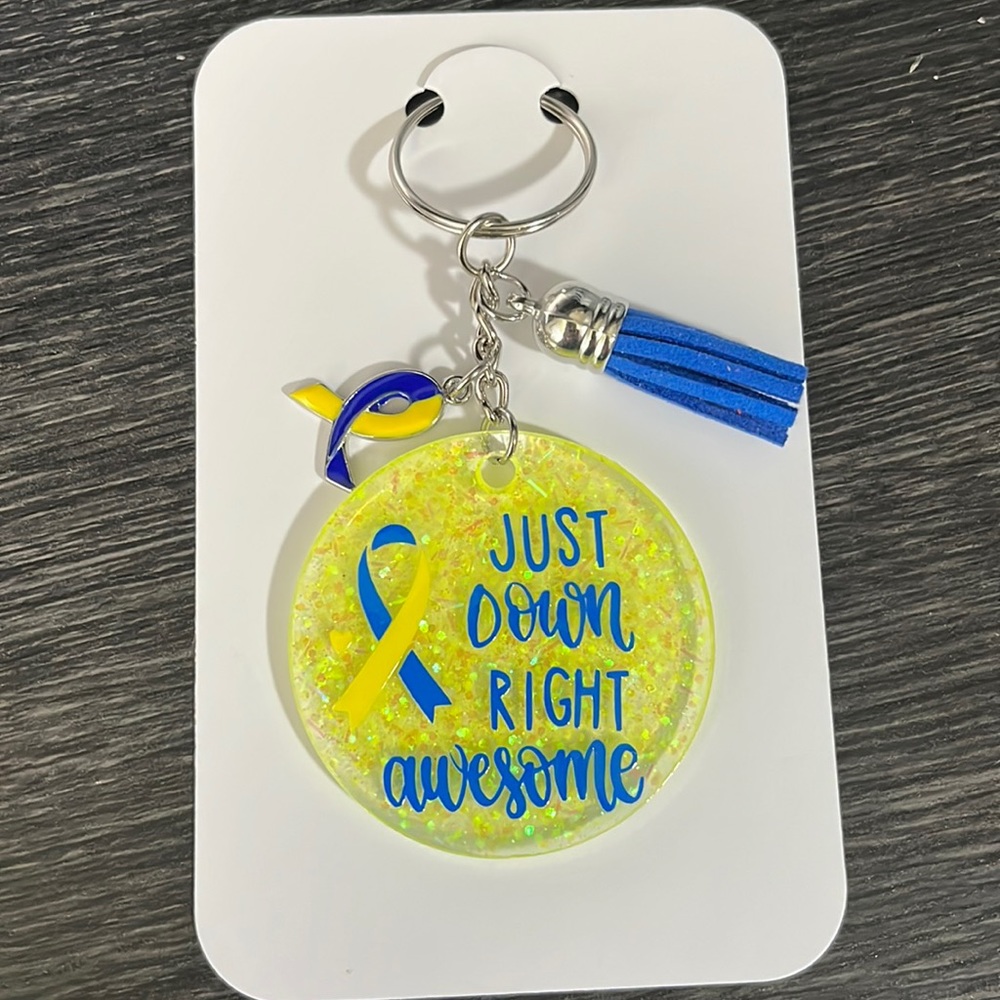 Hand crafted yellow and blue Down Syndrome awareness keychain